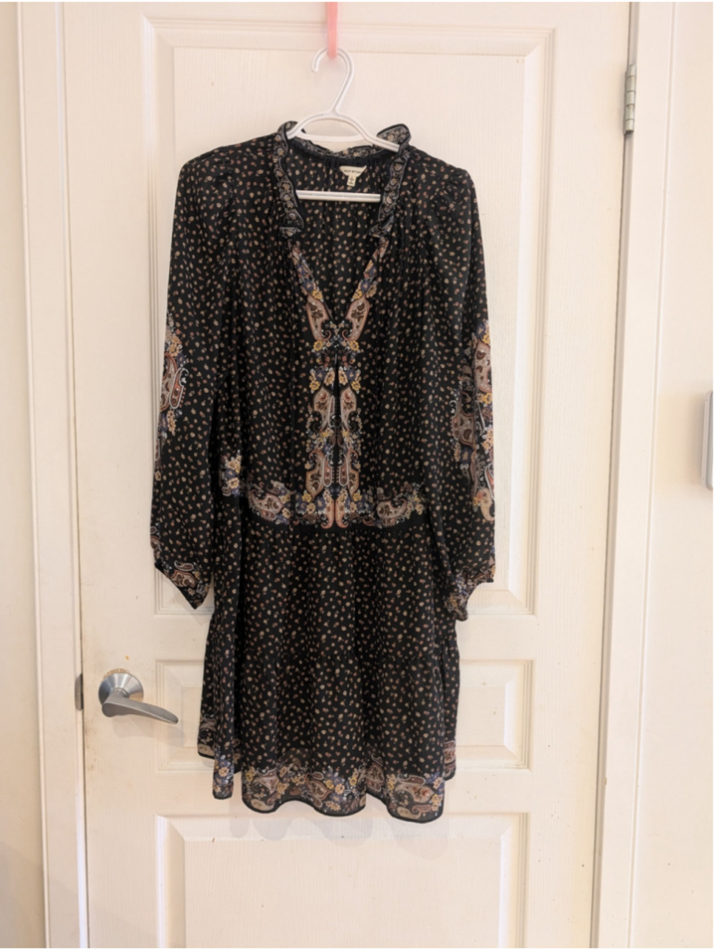 673-Women's Max Studio Mini Dress Size L Black Multi-color Floral Paisley